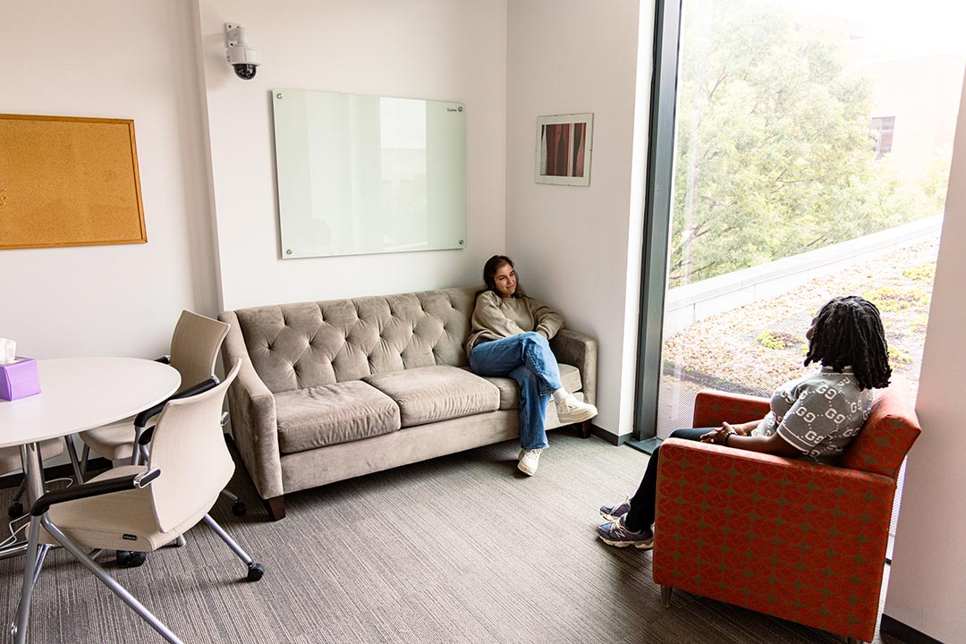 Two people seated across a window from each other, on a couch and a chair , talking comfortably
